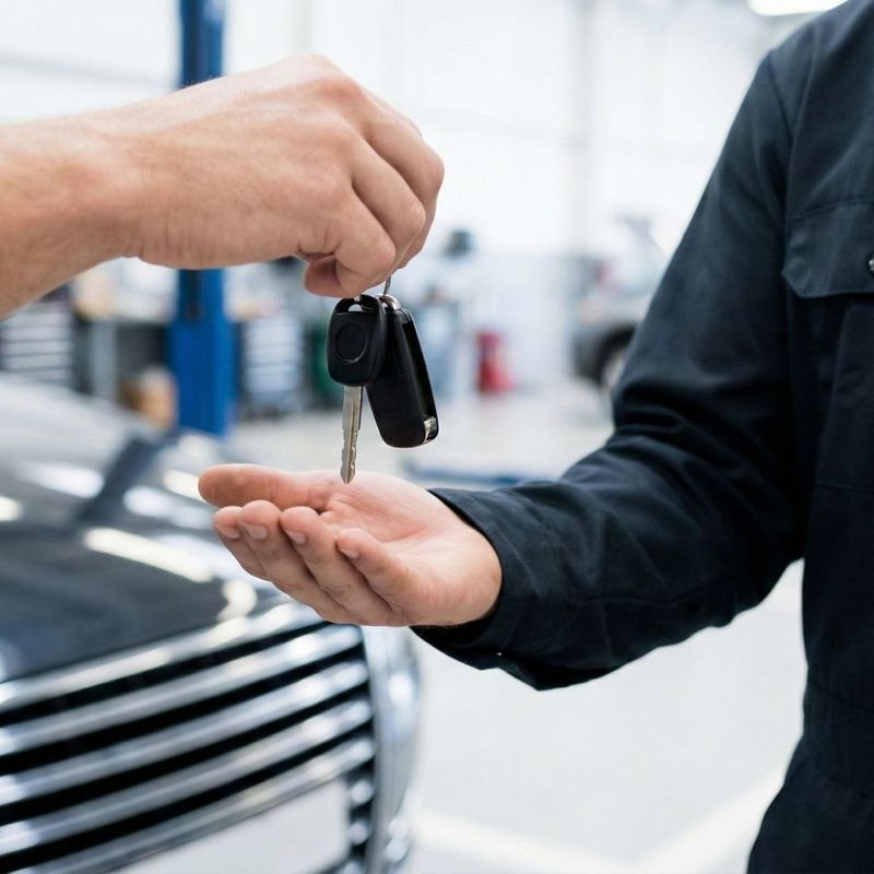 A service professional hands car keys back to a client after completing expert repairs.