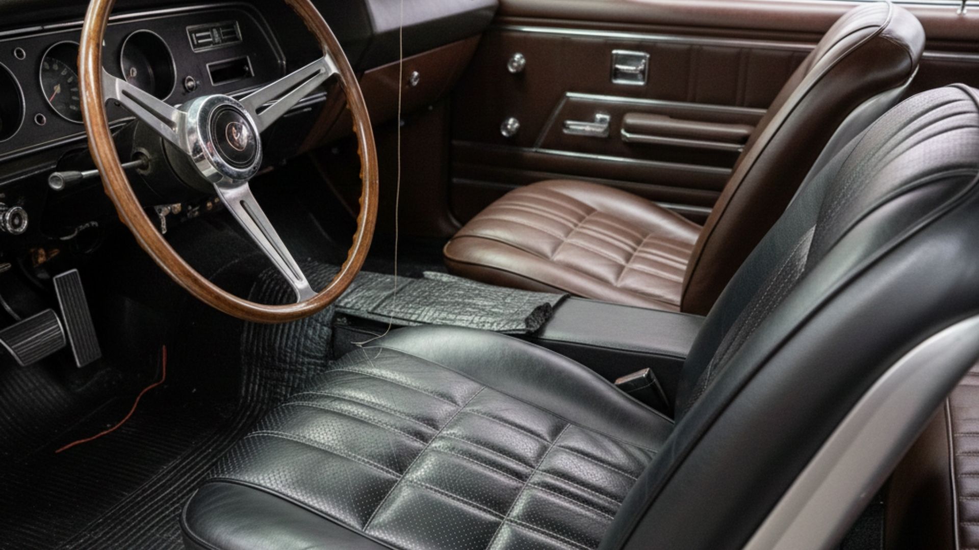 image showing the contrast between an original classic car dashboard and a newly restored, plush leather seat.
