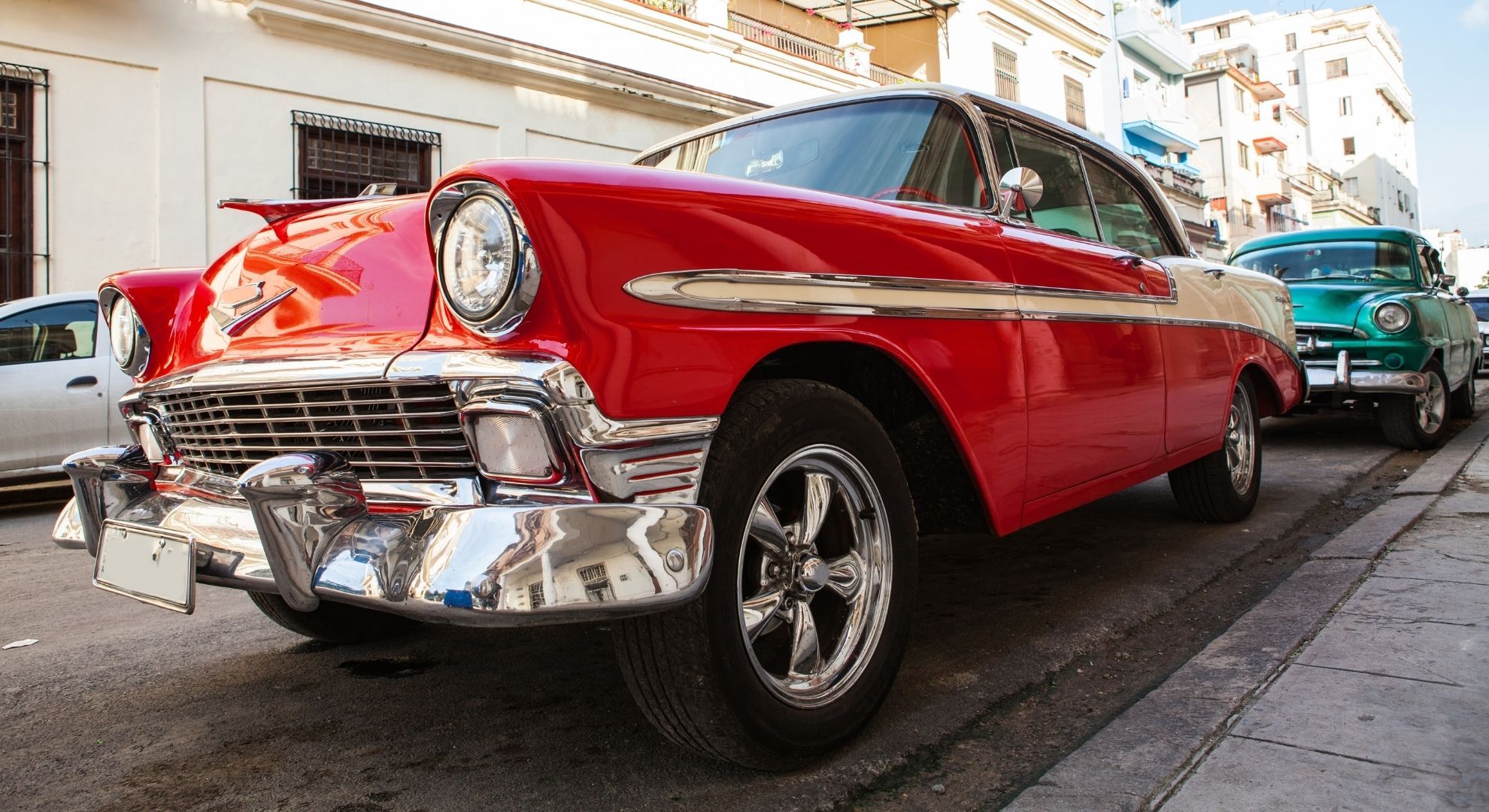 low angle of classic red car
