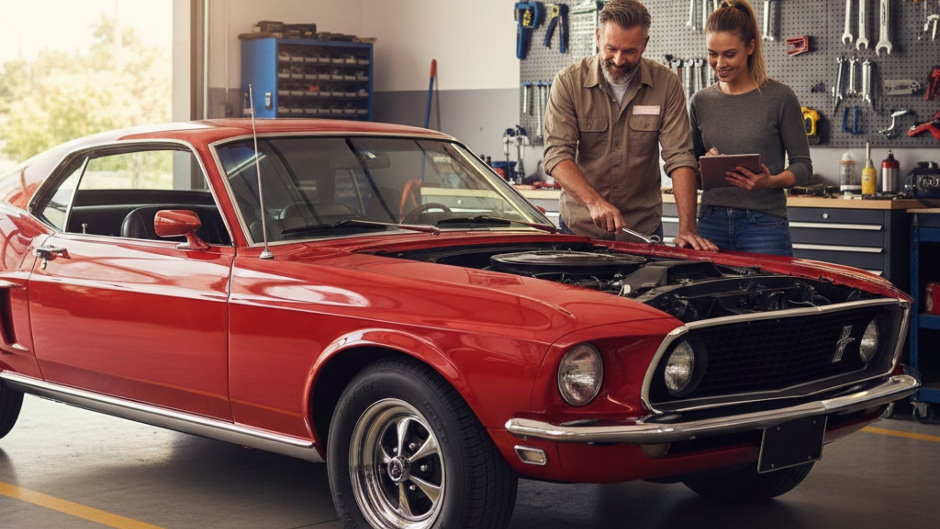 Classic car in a garage with owner working